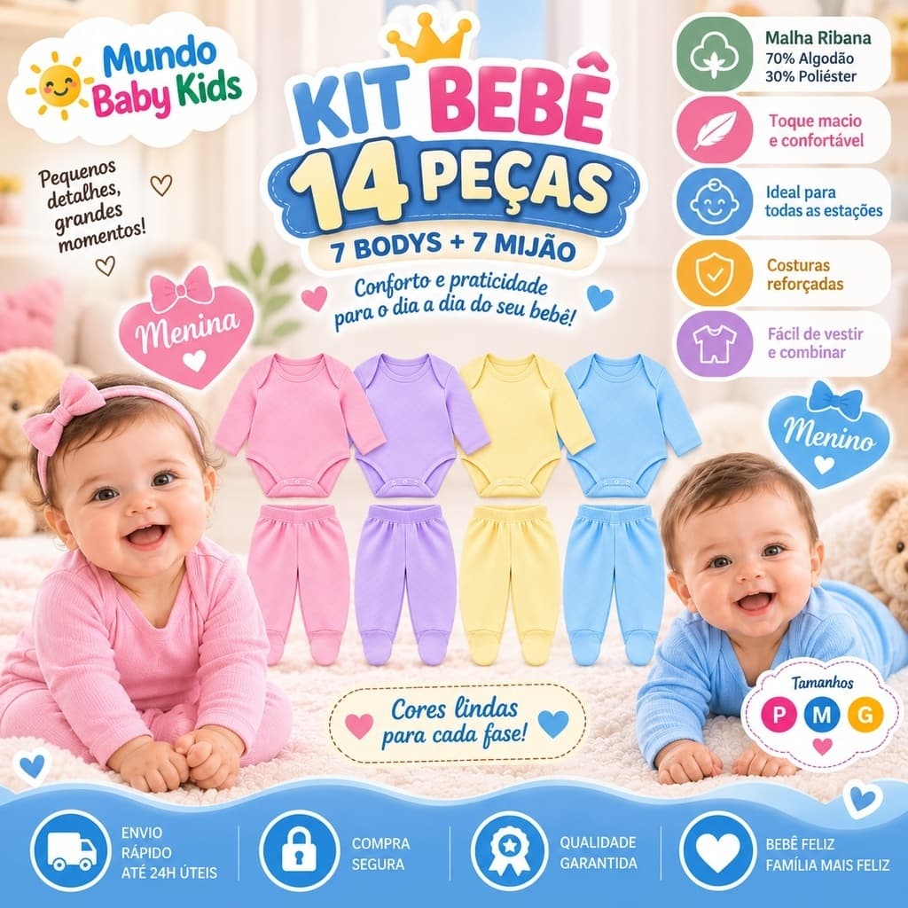 Kit Bebê Inverno 14 Peças 7 Body Manga Longa + 7 Mijão Menina Menino Enxoval P M G
