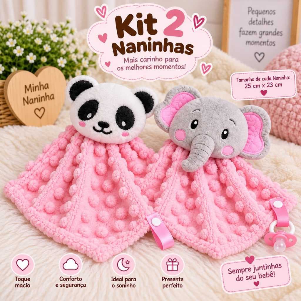 Kit 2 Naninha Para Bebê Menina Menino Pipoquinha Prendedor de Chupeta 25X 23 CM