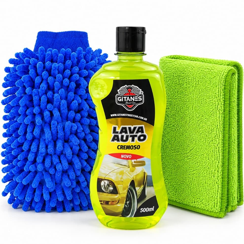 Kit Shampoo Lava Auto 500ml Luva Microfibra Pano Toalha Flanela Microfibra Lavagem Automotiva Completa Carro Moto
