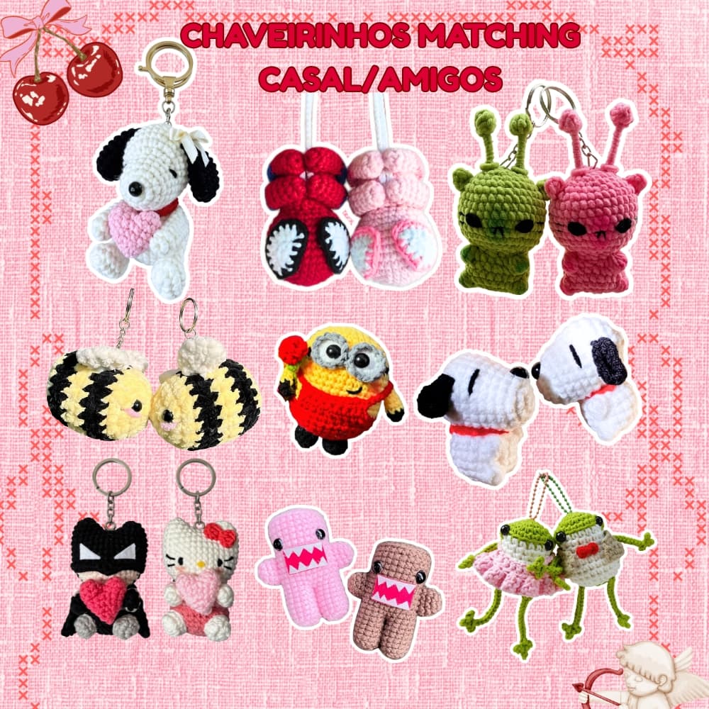 Kit Chaveiros de crochê Matching Casal/Amigos Cacareco Dia dos Namorados em Amigurumi Keychains Feitos à Mão