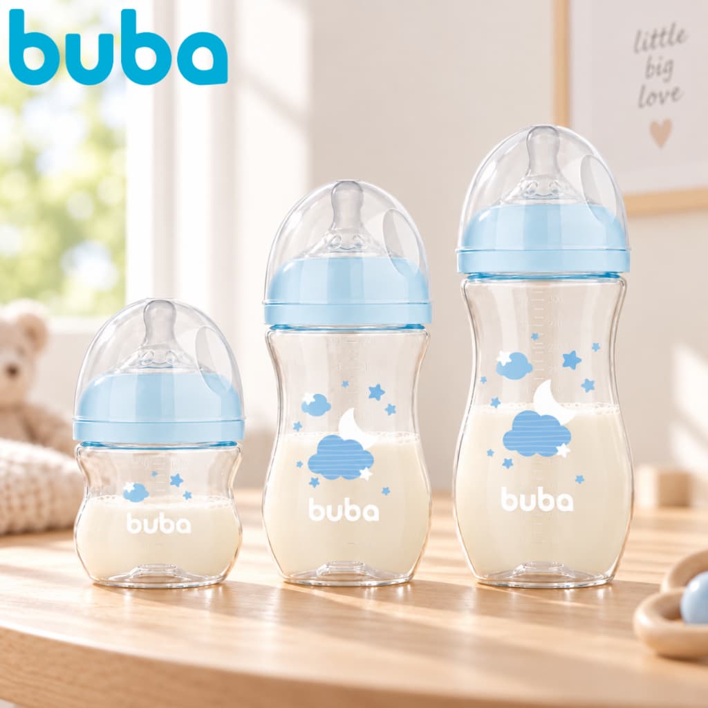 Kit 3 Mamadeiras Buba Anticólica 120, 270 e 330 ML Bico Pétala Silicone Macio Easy Flow Antivazamento Bebe Recem Nascido