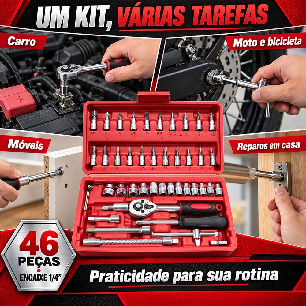 Kit Ferramentas Jogo Soquete 46 Peças Catraca Reversível 1/4 Maleta Chaves Mecânico Carro Moto Casa