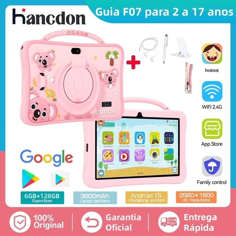 Hancdon Tablet Infantil F07 ROM 6GB +128GB  7 Polegadas  Android 15 com Sistema de Controle tablet de brinquedo infantil
