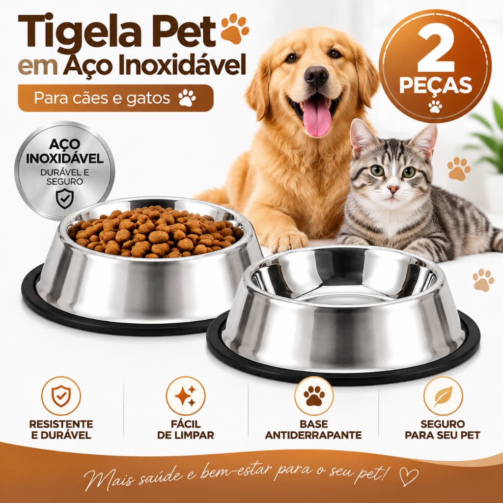 KIT 2 Comedouro para Cachorro e Gato em Aço Inox 26/30cm, Tigela Resistente para Ração e Água