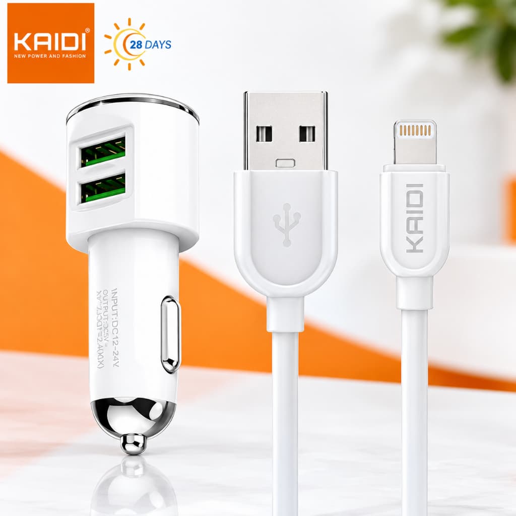Carregador Veicular KAIDI 2 USB 2.4A com Cabo USB para Lightning