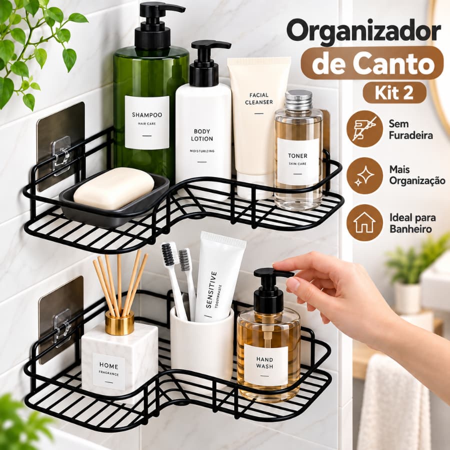 Kit 2 Suportes de Parede para Shampoo Prateleira de Canto Metálica Organizadora para Banheiro Box