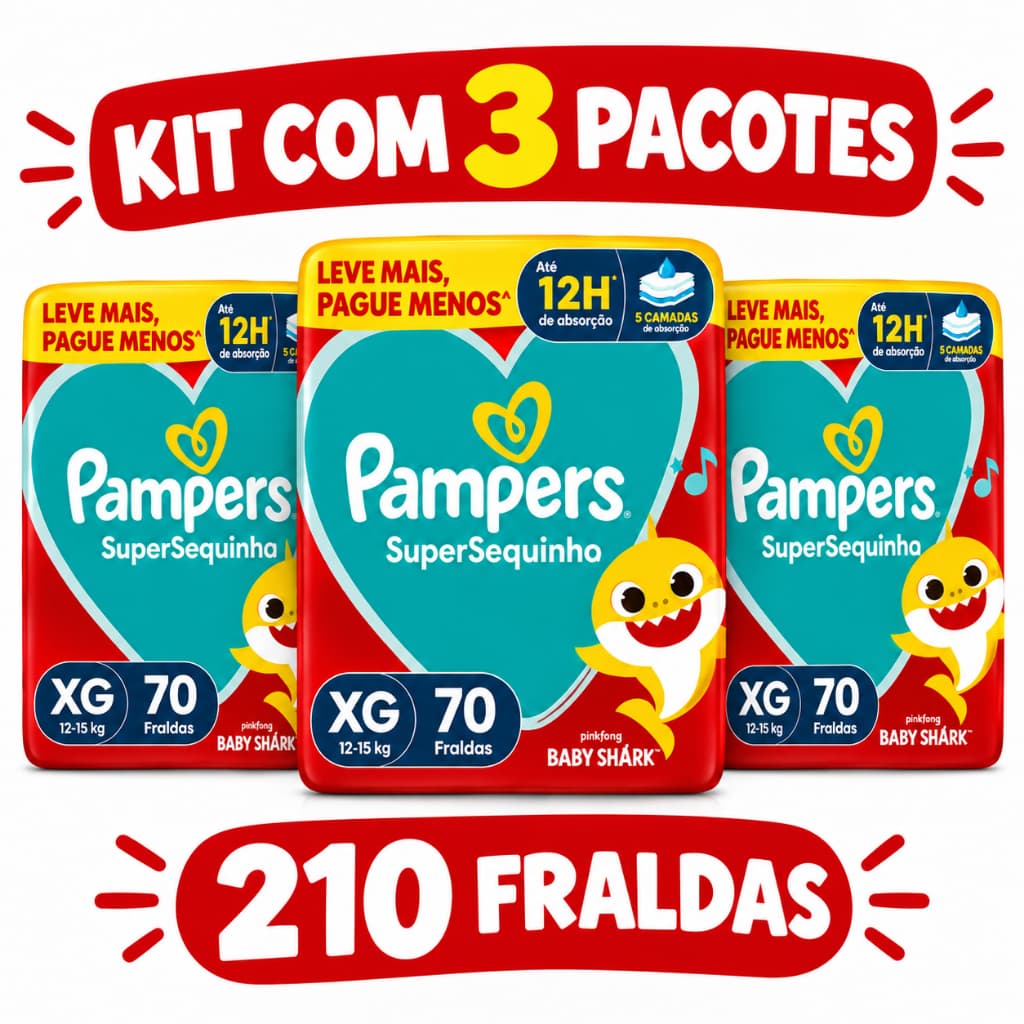 Kit 3 Pacotes Pampers SuperSequinho XG 210 Fraldas