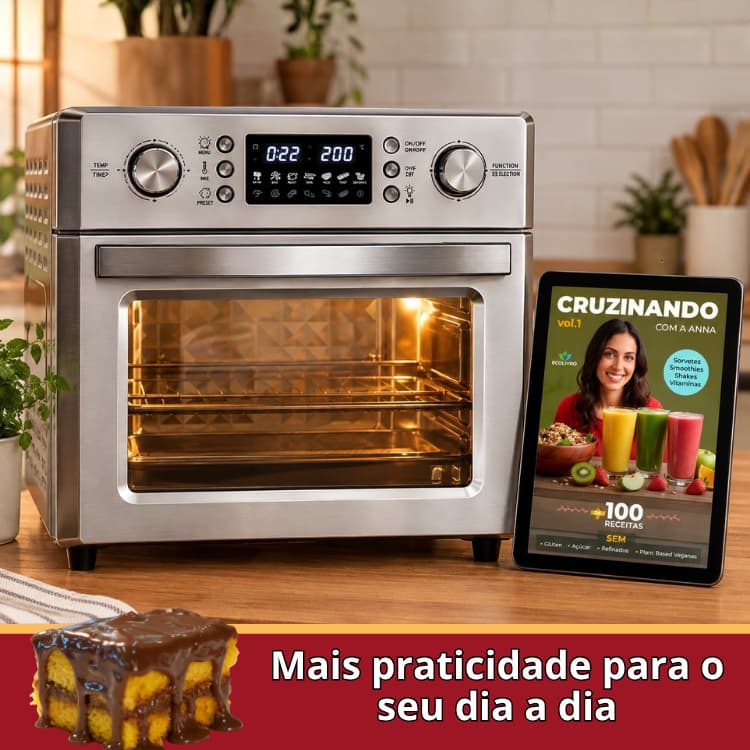 Forno Airfryer 26L Inox Alliere | Espeto Giratório + Cesto Rotativo | Painel Digital 1700W + 8 E-BOOKS
