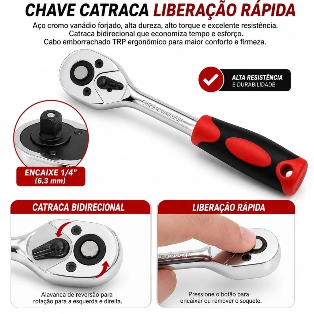 Kit De Ferramentas Para Carro Moto Bicicleta 46 Peças Jogo De Soquetes Chave Catraca Reversível Com Maleta