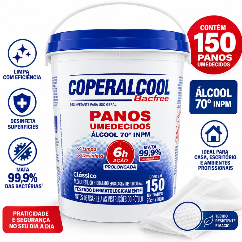 Balde com 150 Panos Kit Lenço Umedecido Álcool 70 Coperalcool Bacfree Limpeza Geral