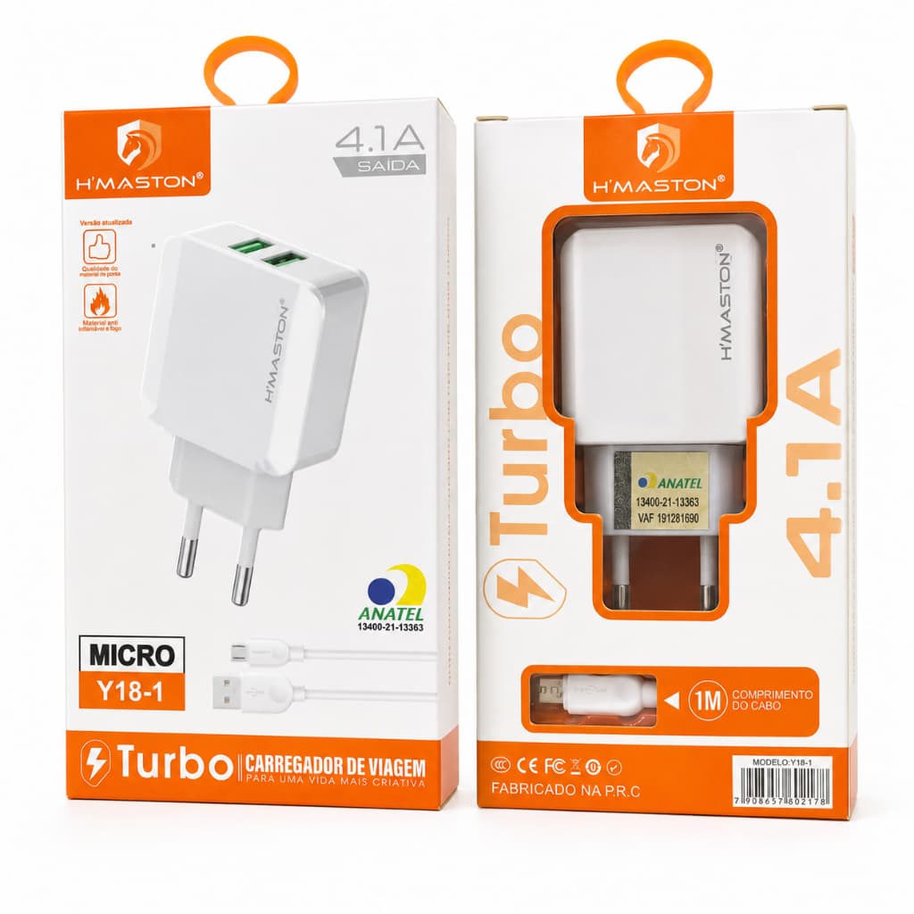 Carregador H'Maston V8 Micro USB 4.1A Turbo Rápido Fonte para Celular Smartphone Android Uso Diário