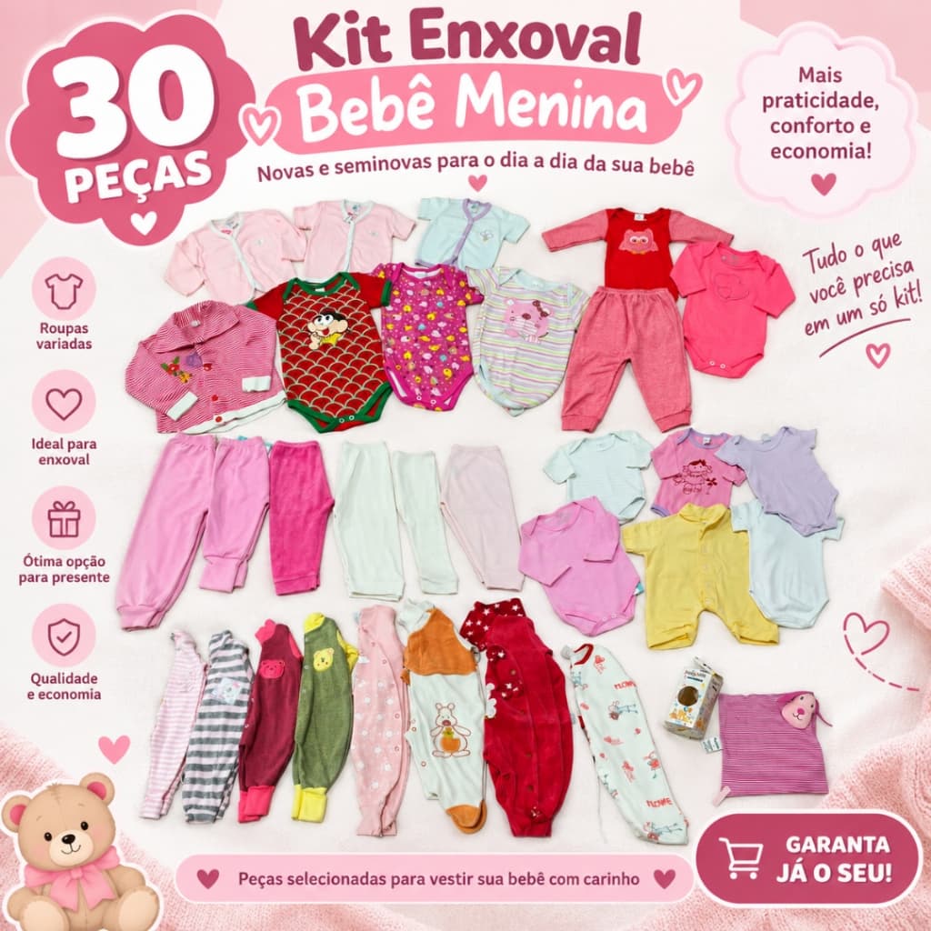 Kit Enxoval Bebê Menina 30 Peças Roupas Body Macacão Calça Novas e Seminovas