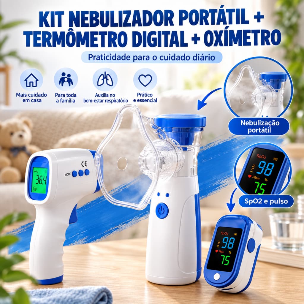 Kit Nebulizador Portátil Mesh + Termômetro Infravermelho Digital + Oxímetro de Dedo Medidor SpO2 e Pulso 3 em 1