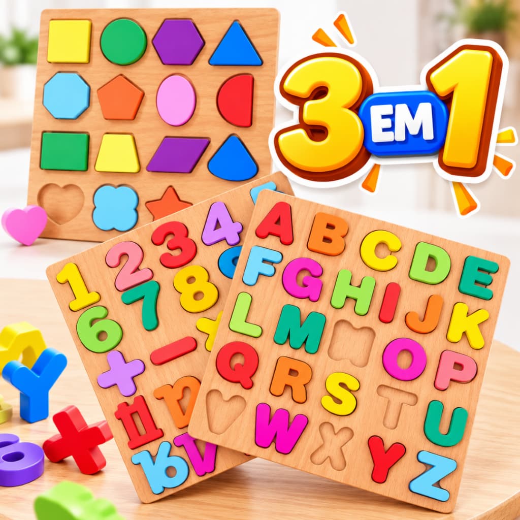 Kit Tabuleiros 3 em 1 Quebra Cabeça Educativo Pedagógico MDF Alfabeto Números Formas Geométricas Brinquedo Madeira
