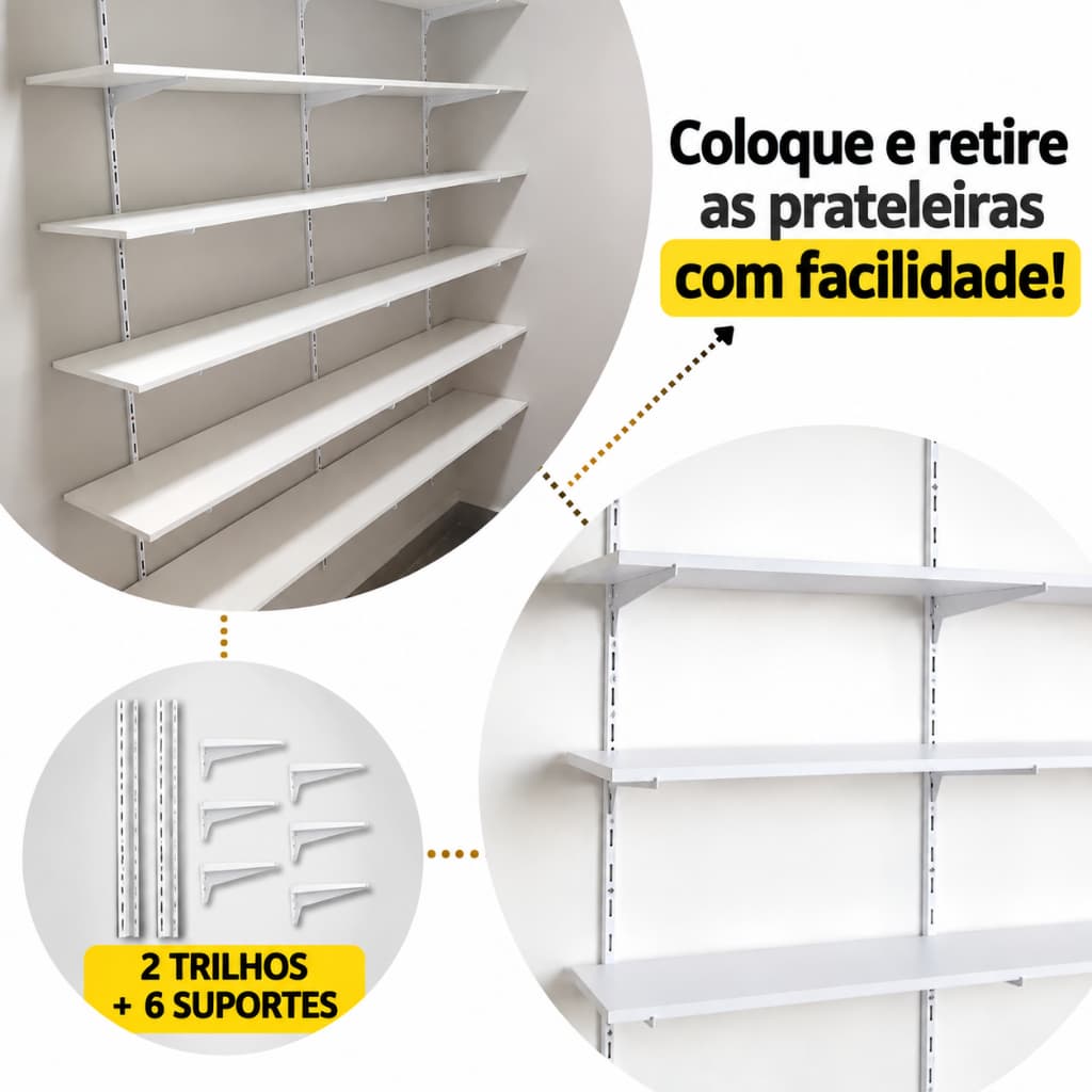 Kit Trilho para Prateleira Industrial de parede Ajustável. 2 Trilhos Cremalheira com 6 Suportes.