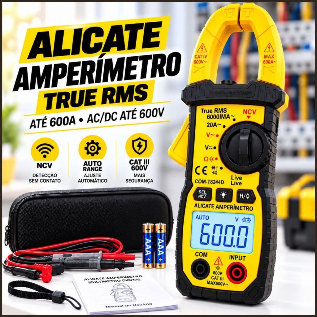 Multímetro Alicate Digital True RMS 600A NCV CAT III 600V Tensão AC DC
