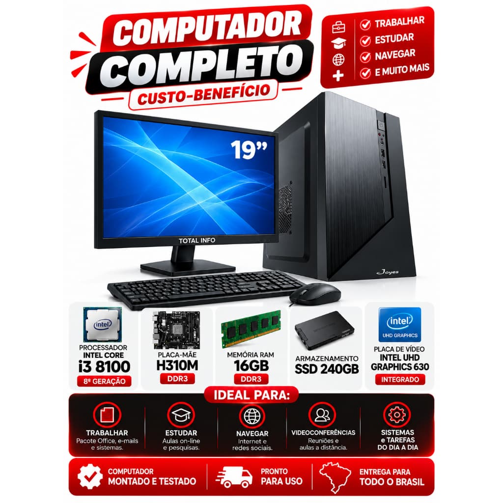 PC HOME OFFICE INTEL I3 8100 H310M DDR3 16GB SSD 240GB MONITOR 19'' - CUSTO BENEFICIO