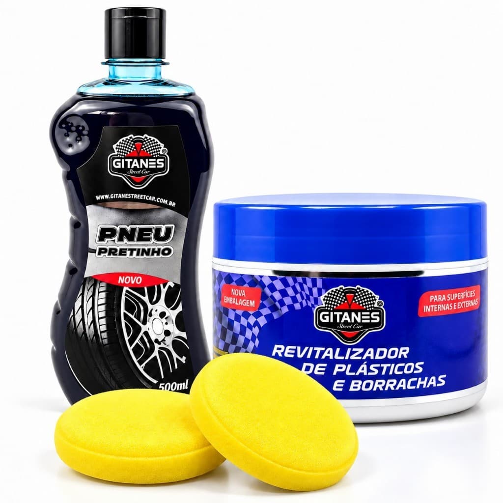 Kit Pneu Pretinho Revitalizador de Plástico 2 Aplicador de Espuma Brilho Intenso Renovação Restaurador Auto Carro Moto
