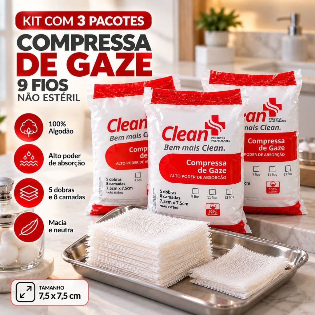 Kit 3 Pacotes Compressa de Gaze 9 Fios Hidrófila Curativo