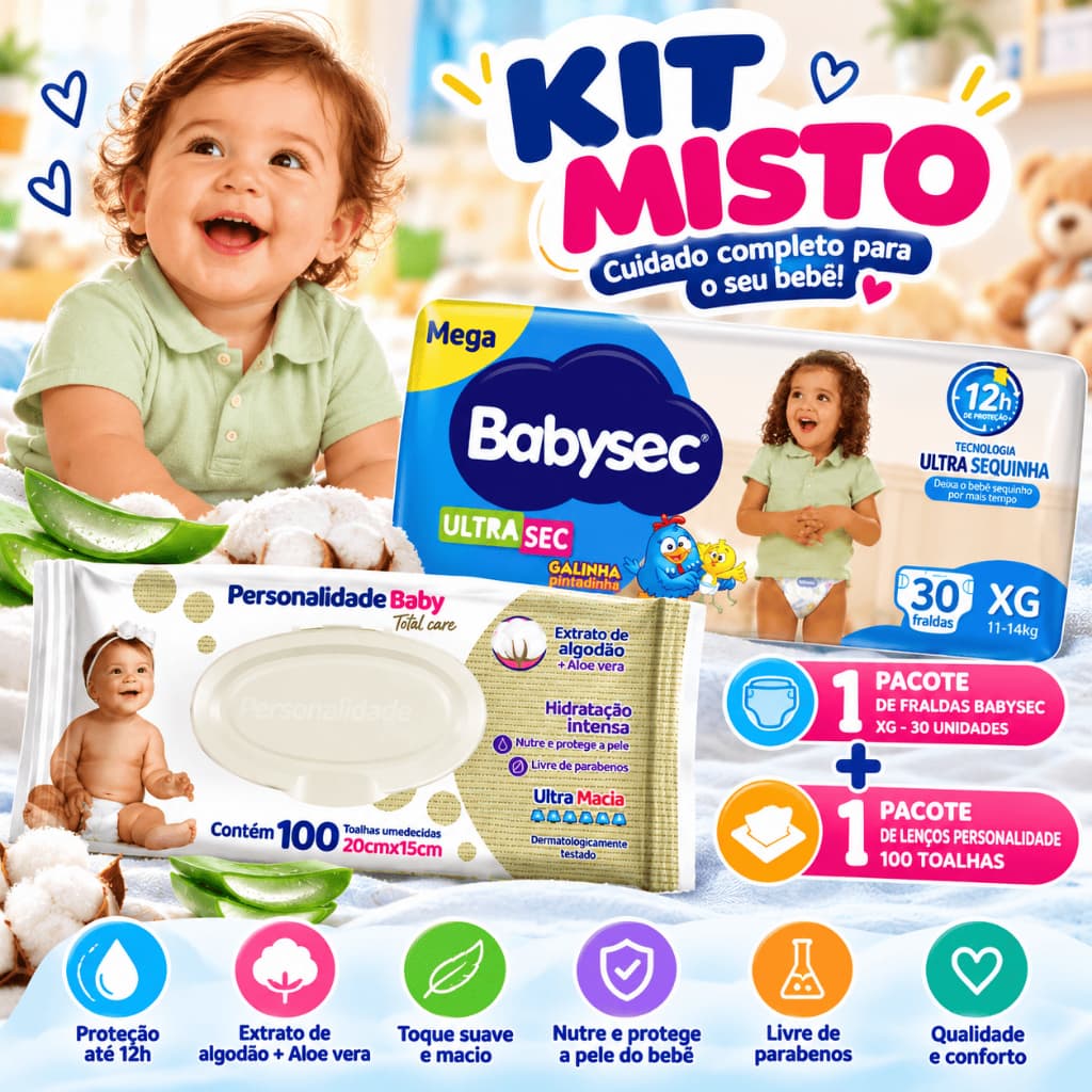 Kit Fralda Infantil Tamanho XG (Babysec ou Hipopó) + Toalha Umedecida Com Tampa