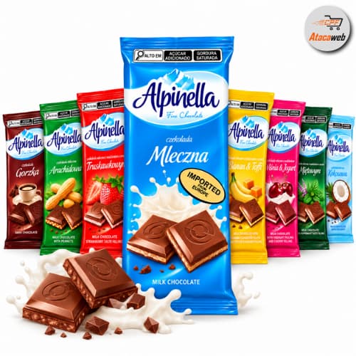 Barra de Chocolate Importado Alpinella - Leite Morango Banana Caramelo Amargo Cereja Menta Coco