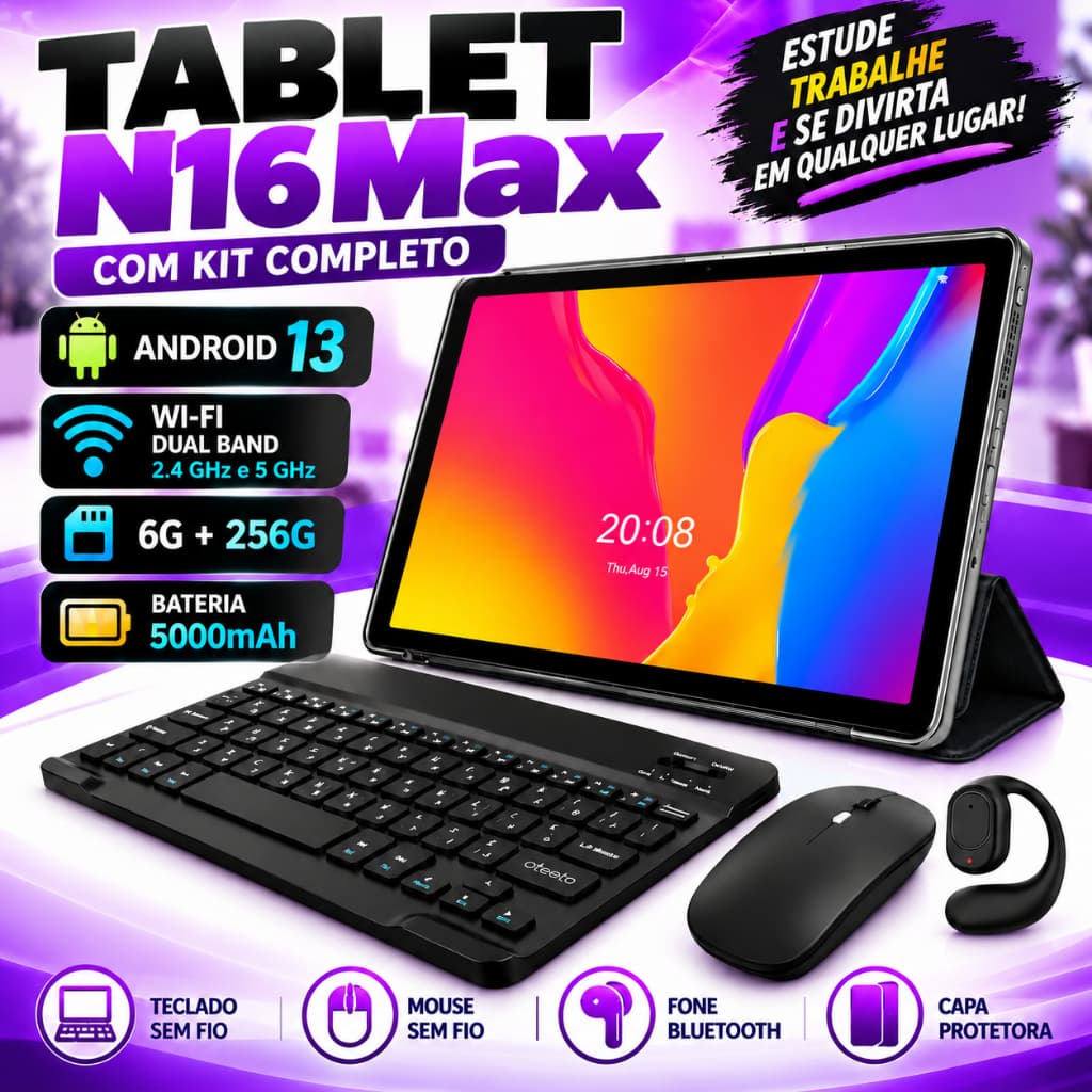 Tablet N16 Max Android 13 6GB RAM 256GB Octa Core WiFi 5G com Teclado Mouse Capa Caneta