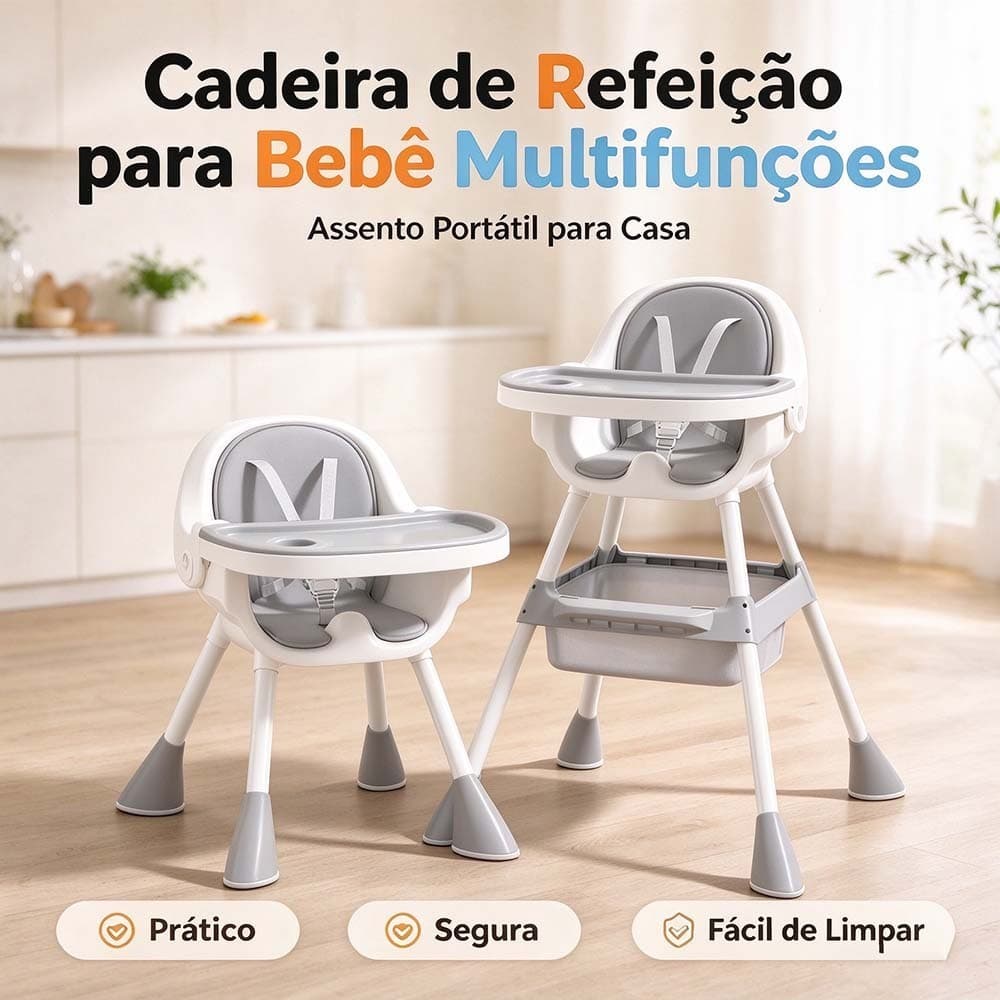 Cadeira de Alimentação Bebê 3 em 1 Portátil Multifuncional para Refeições em Casa, Suporta até 25kg, Bandeja Dupla