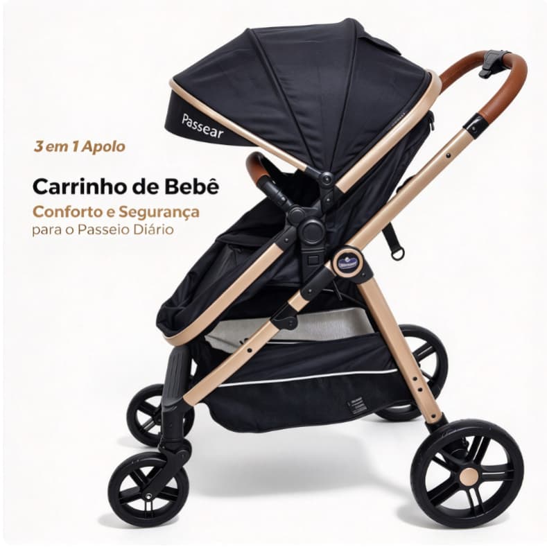 Carrinho de Bebê Viagem 3 em 1 Apolo + Bebê Conforto Aconchego, Certificado INMETRO, Chassi de Aço Carbono