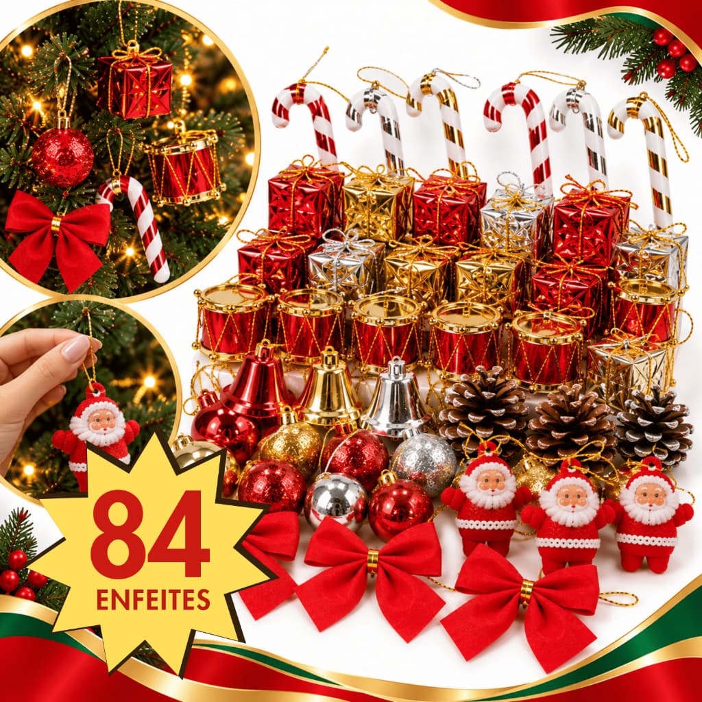 Kit 42/84 Enfeites Decoração Natalina Para Árvore de Natal Guirlanda Pendente Bolinhas Laço Papai Noel