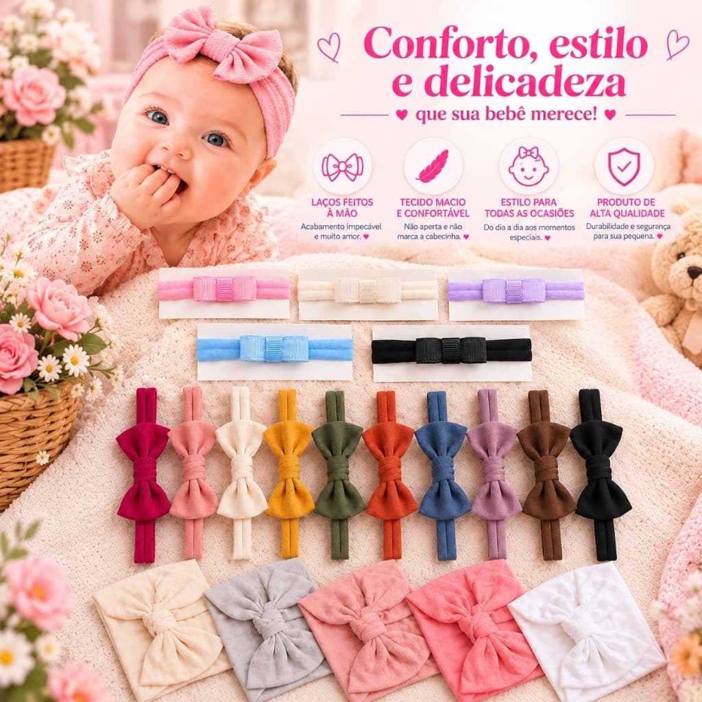 Kit Enxoval de Bebê 20 Laços de Cabelo Infantil Menina Faixinha de Bebê