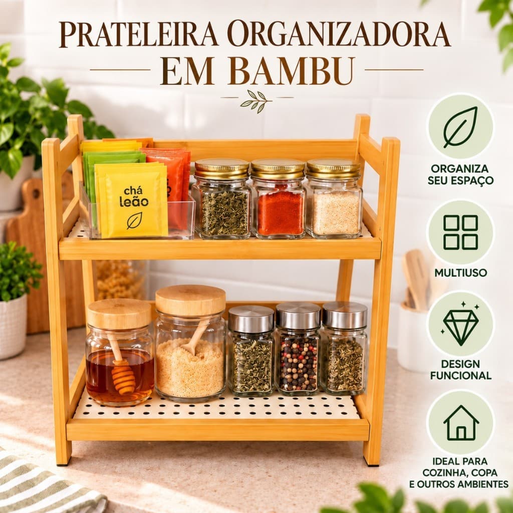 Prateleira Organizadora Bambu 2 Andares Multiuso Organizador de Pia Cozinha Banheiro Artesanato Porta Tempero