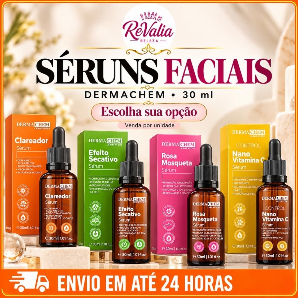 Sérum Facial Dermachem 30ml Clareador Efeito Secativo Rosa Mosqueta Nano Vitamina C