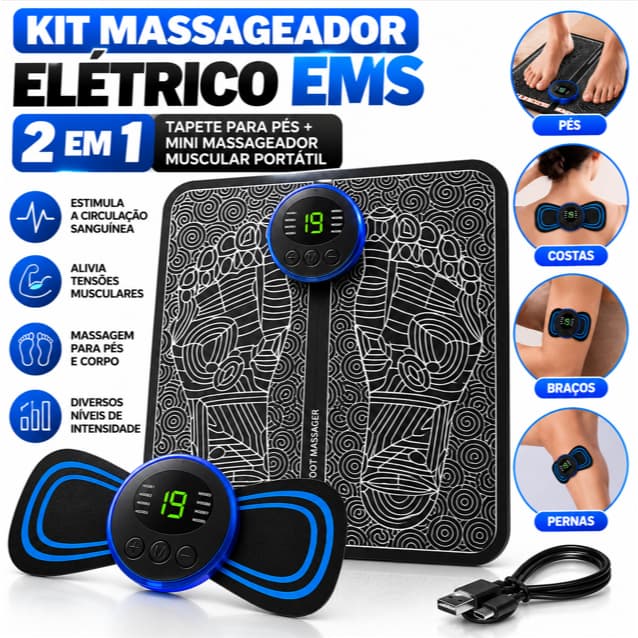 Kit Massageador Elétrico EMS 2 em 1 Tapete para Pés e Mini Massageador Muscular Portátil