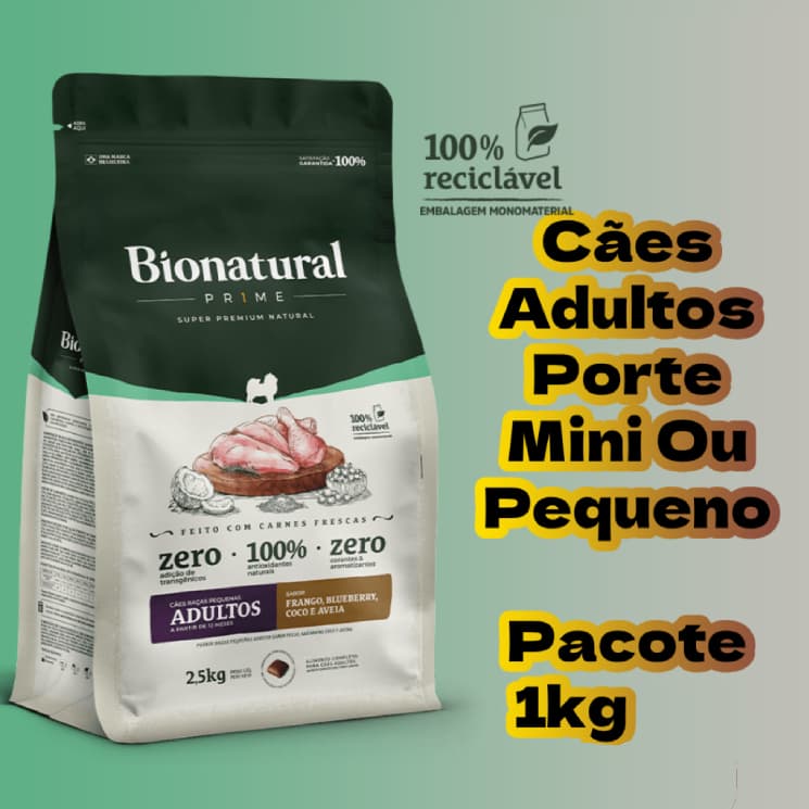 Pacote 1kg Ração Bionatural Prime Cães Adultos Pequenos Sabor FRANGO Super Premium Special Dog