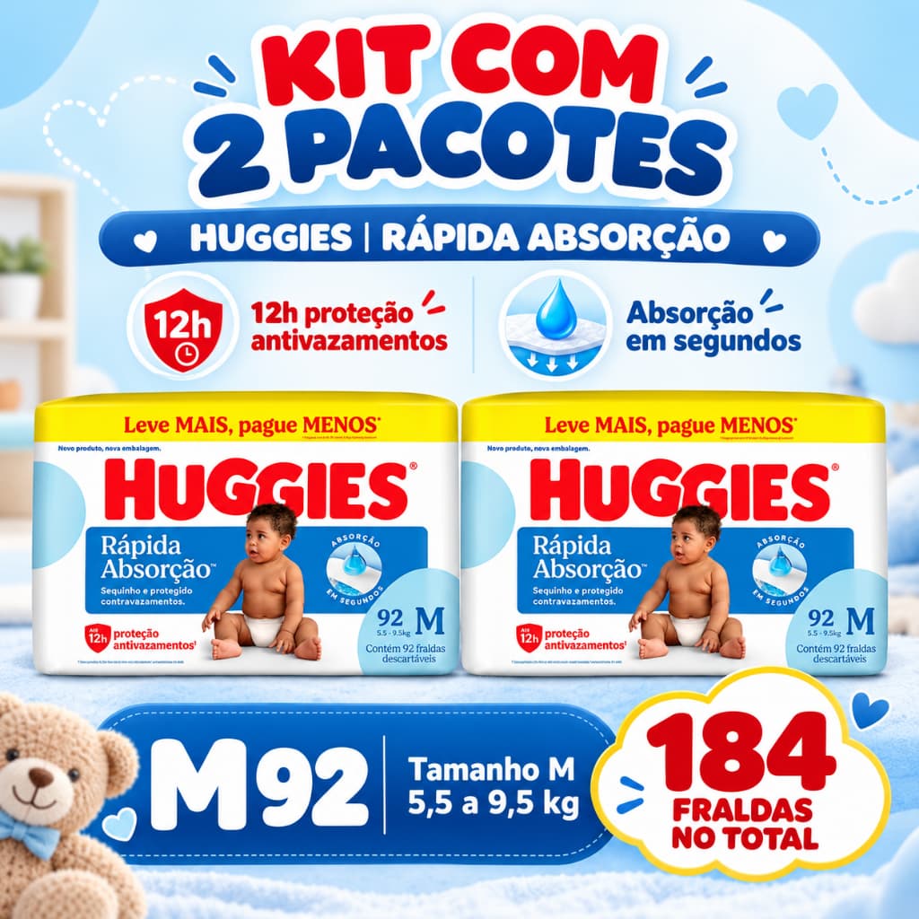 Kit 2 Pacotes Fralda Huggies Rápida Absorção Tamanho M 92 Unidades Cada – Total 184 Fraldas