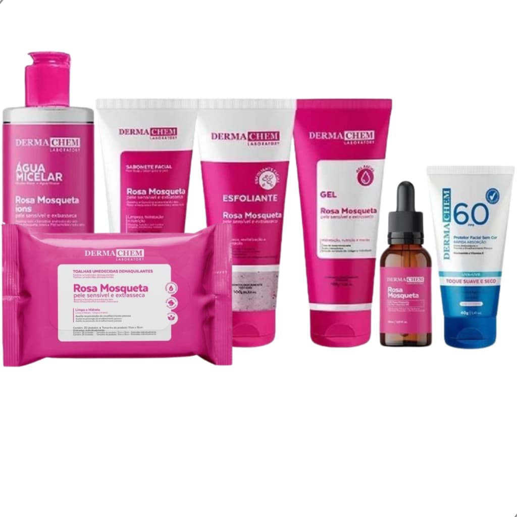 Kit Facial Rosa Mosqueta Anti-Idade Com Toalhas Demaquilantes e Protetor Solar