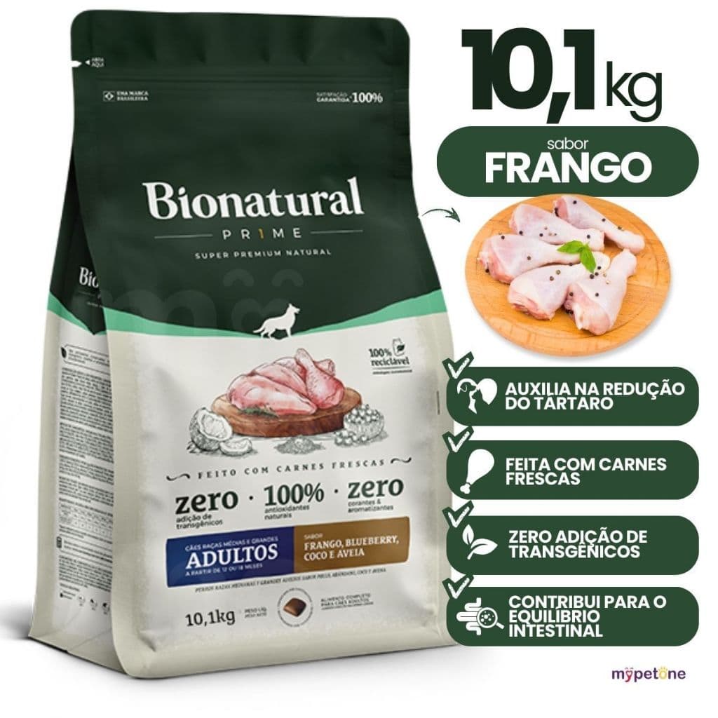 Ração Bionatural Prime Cães Adultos Raças Médias e Grandes sabor Frango 10,1kg