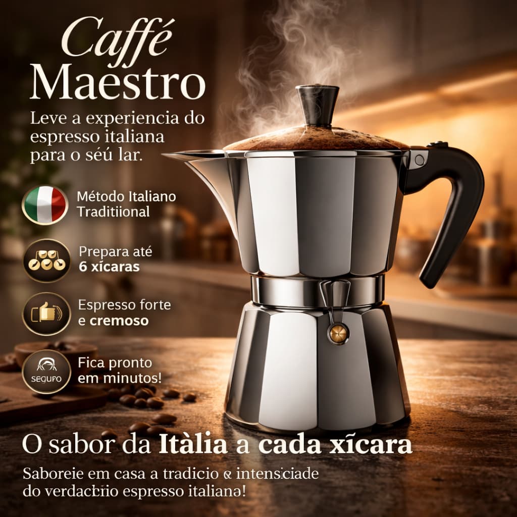 Cafeteira Italiana Moka 6 Xícaras Alumínio Café Expresso Fogão Design Italiano Caffé Maestro