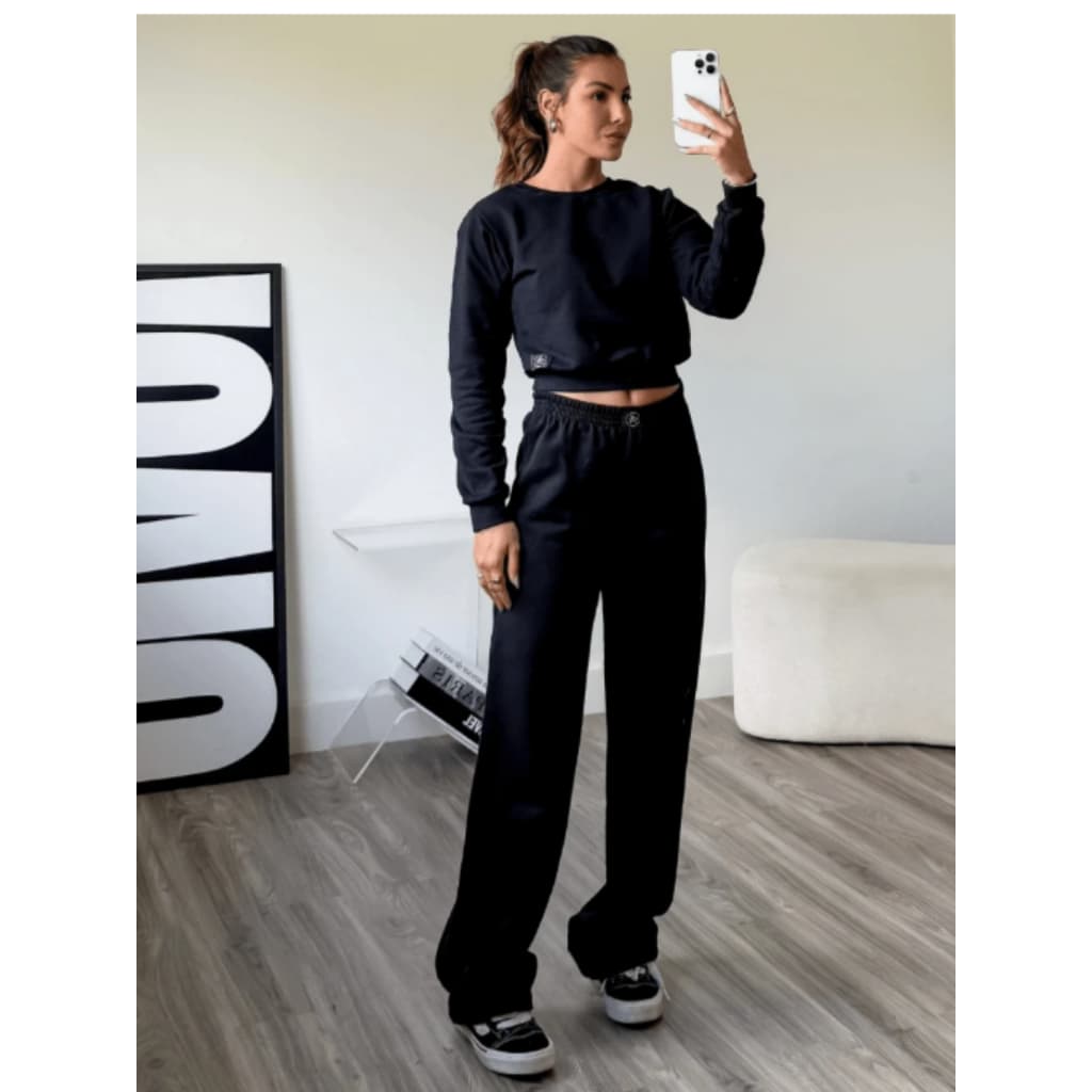 Conjunto Blusa Moletom Cropped Careca e Calça Pantalona Feminino 100% Algodão Kit Moletons