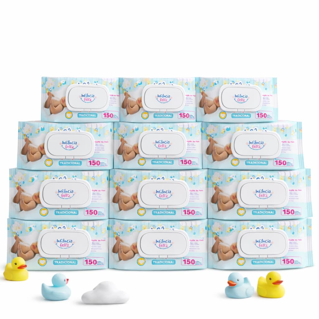 Kit 12 Pacotes Toalhas Umedecidas INFÂNCIA FELIZ 150 Folhas 98% Água Lenço Umedecido