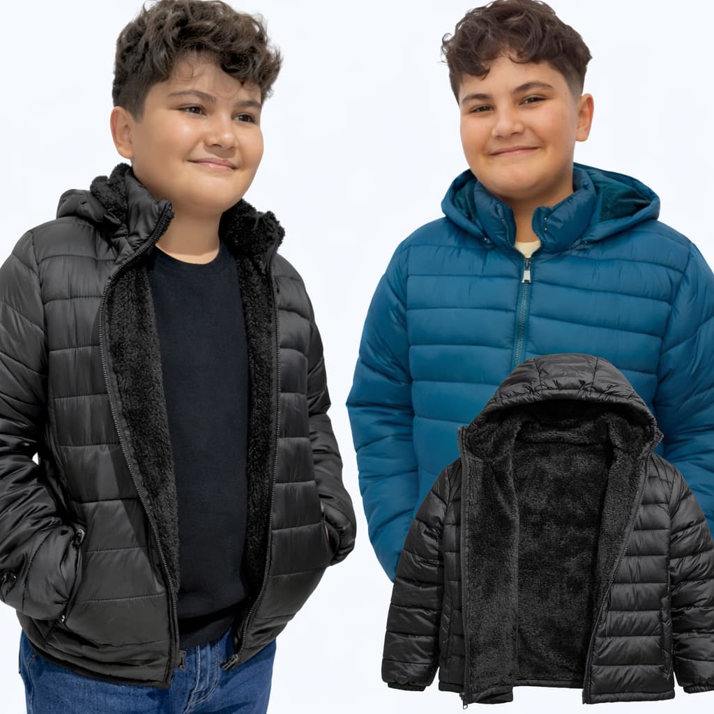 Jaqueta de frio peluciada infantil masculina feminina blusa casaco puffer corta vento Primeira linha