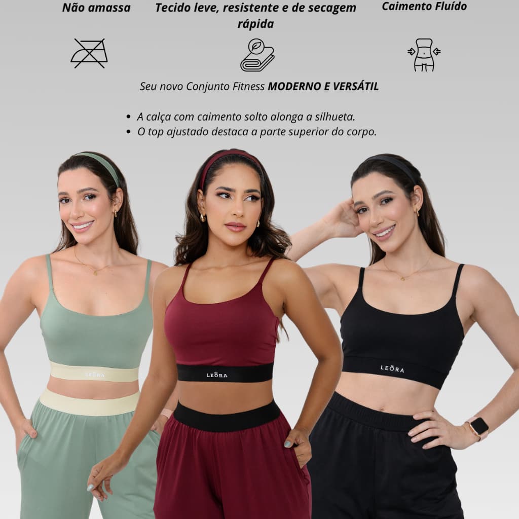 Conjunto Feminino Calça Pantalona + Top Alça Academia Yoga Pilates Roupa Fitness Esportivo Confortável
