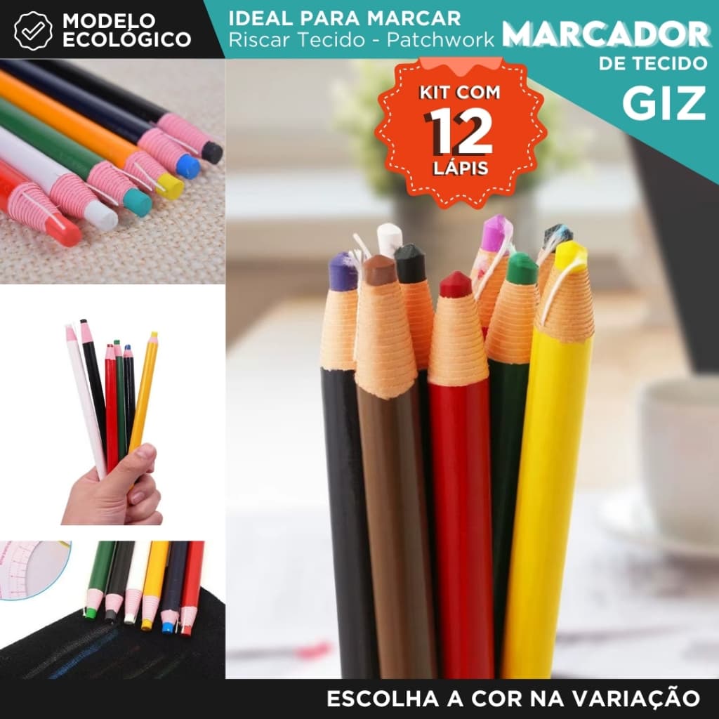 Kit Marcador de Tecido -12 Lápis - Costura Patchwork - Modelagem - Risco Apagável Alta Precisão - CH