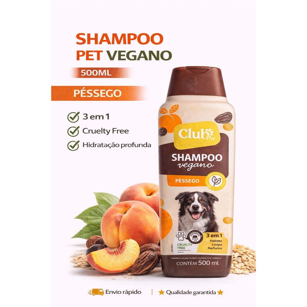 Shampoo Pet Vegano Pêssego Club Pet 500ml 3 em 1 – Limpeza, Nutrição e Hidratação para Cães e Gatos