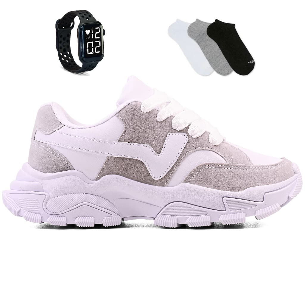 Tenis Feminino + Smart Watch + Meia Casual Couro Esportivo Lançamento Novo