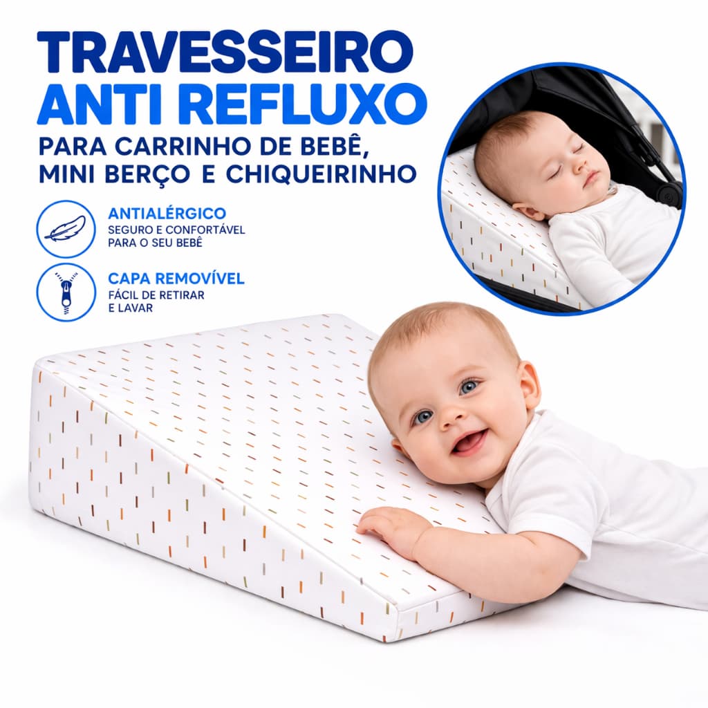 Travesseiro Anti Refluxo Premium Com Fronha Bebê Para Berço Americano Carrinho Inclinado Lavável