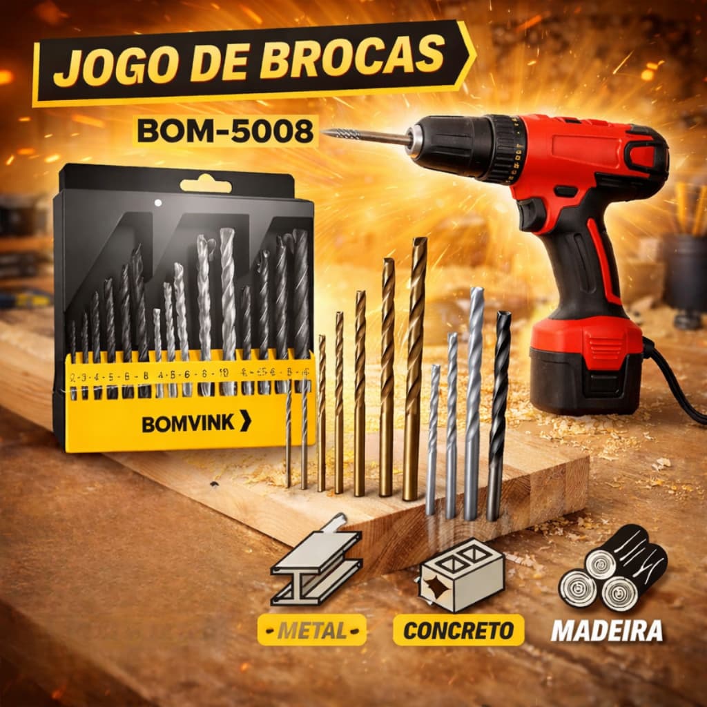 Jogo de Brocas 16 Peças: Madeira, Ferro, Concreto - Para Furadeira e Parafusadeira