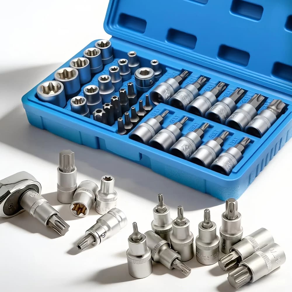 19/34 Peças Kit Soquetes Torx Macho e Fêmea Aço Cromo Vanádio Cr-V, Encaixe 3/8" e 1/2", Maleta para Mecânica Automotiva