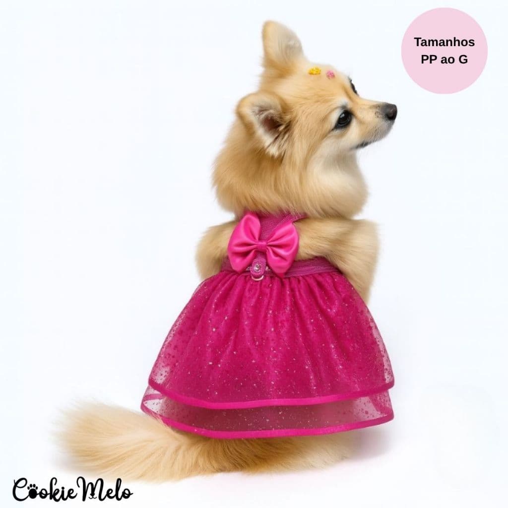 Kit Coleira Peitoral e Guia Pet Gato Cachorro Com Saia + Laço Rosa Com Glitter Regulavel
