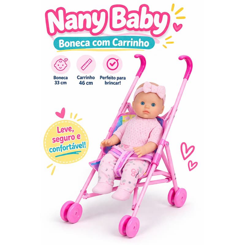 Kit Boneca Bebê 33cm com Carrinho 46cm Infantil Nany Baby – Envio Rápido e Compra Segura